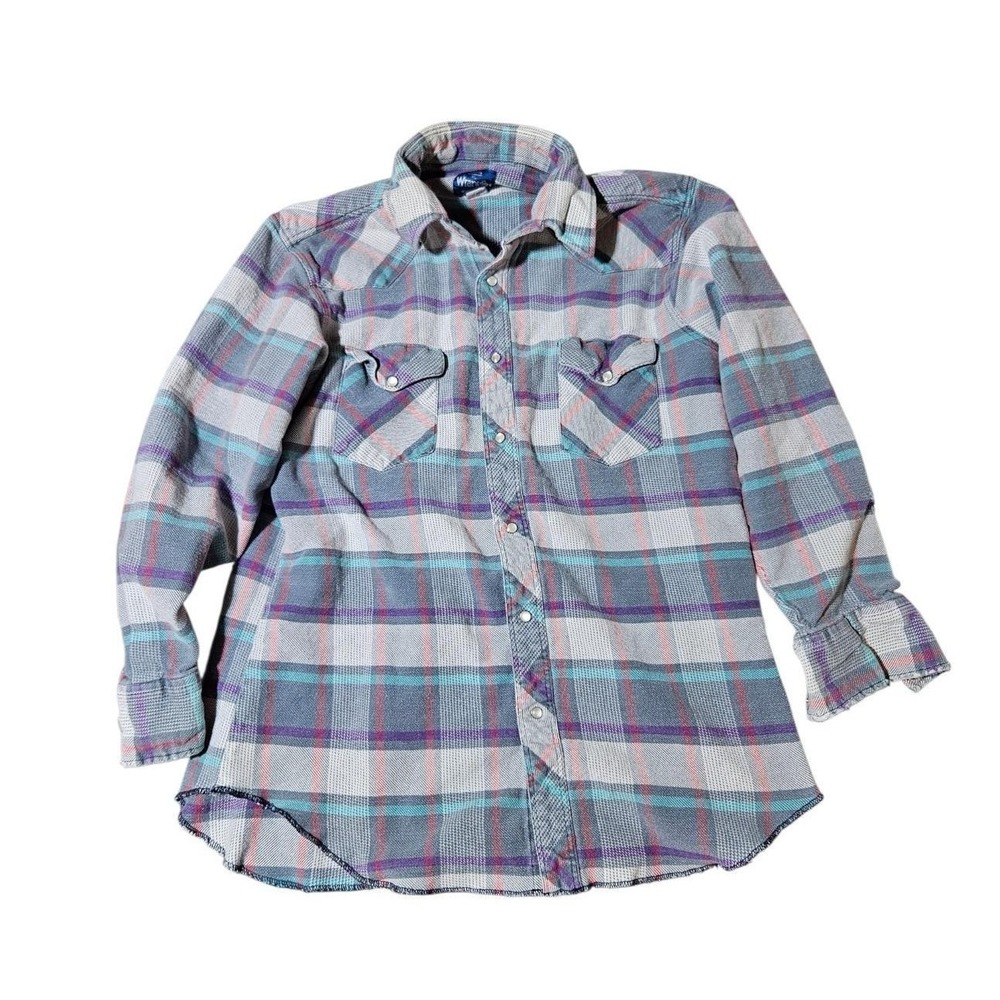 Wrangler Pearl‎ Snap Western Flannel Shirt Mens M Long Sleeve Plaid Distressed